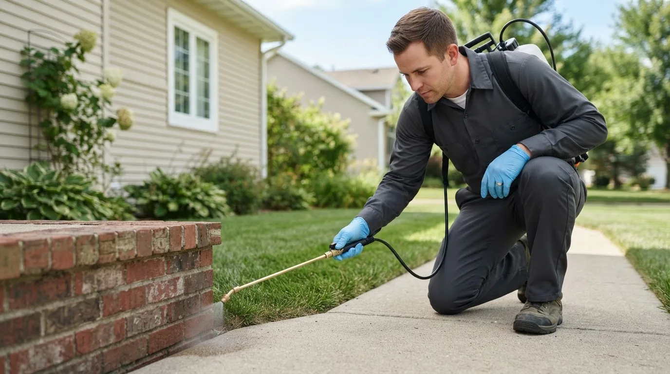 Pest control technician treating a home near Kinsman, OH