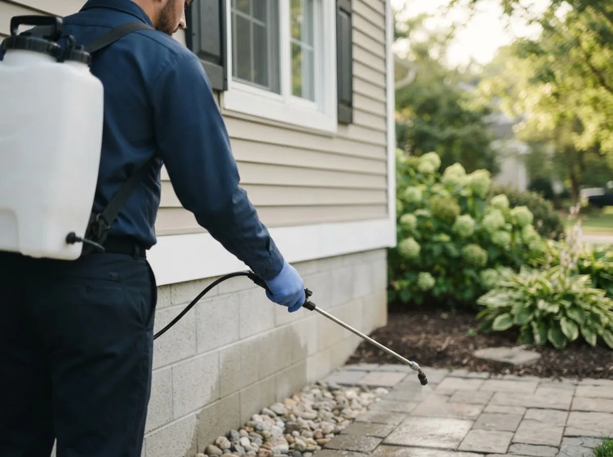 Pest control technician inspecting a home in Kinsman, OH